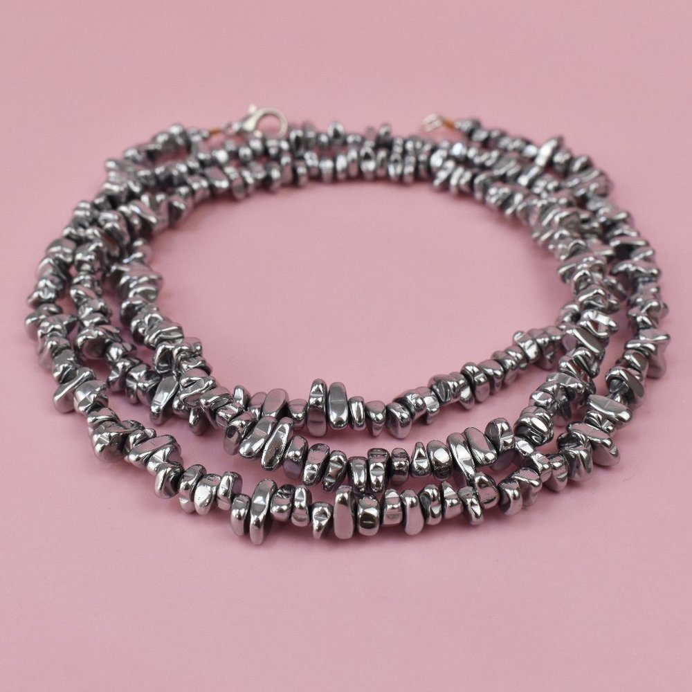 Super long silver hematite necklace boho, unique unusual stone necklace